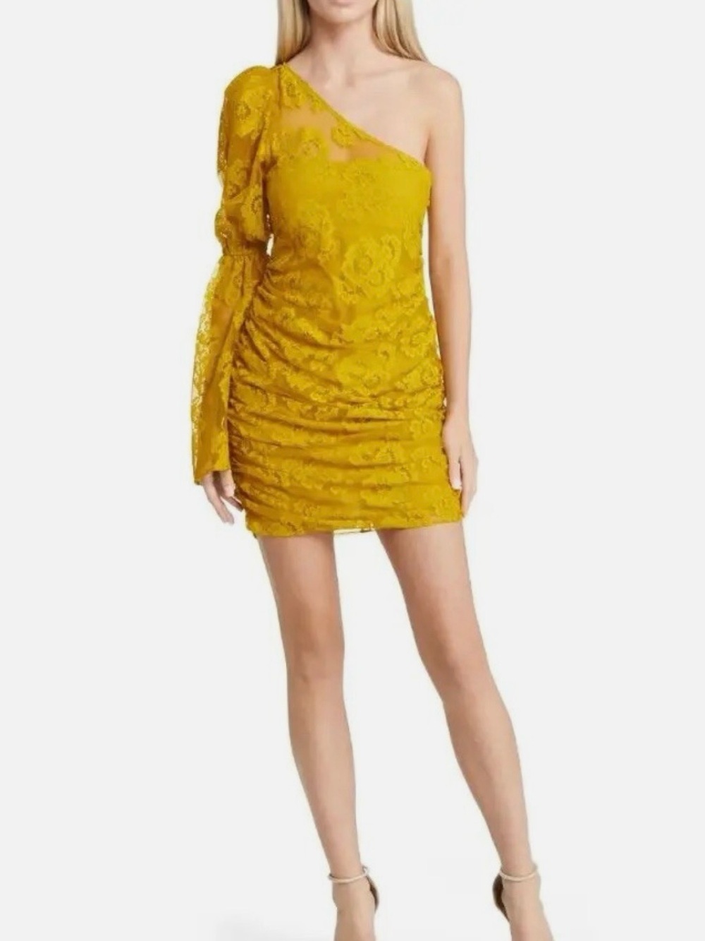 For Love & Lemons Tiana Floral Lace One Shoulder Minidress in Yellow Sz 2X